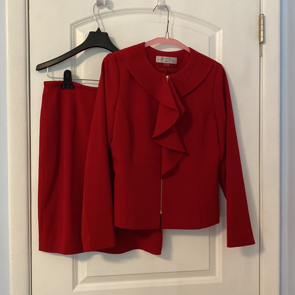 Tahari Red Blazer Skirt Suit Set